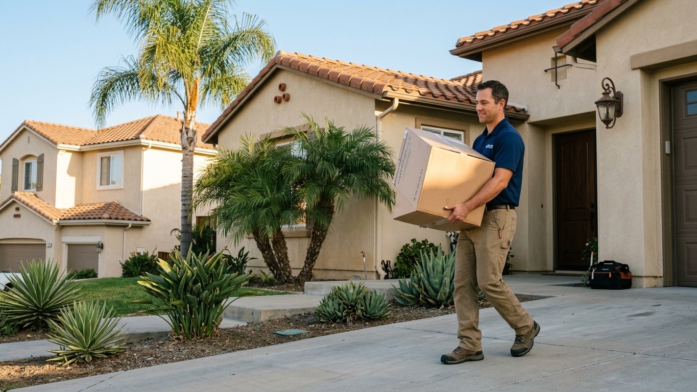 San Diego Water Heater technician carrying a new water heater up to a home